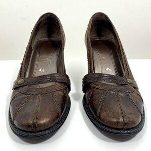 GABOR Women’s Brown Leather Pumps Pleated Court Heels Faux Buckle Leather Ribbon